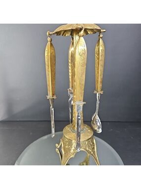 Ornate Vintage Brass Stand with 4 Brass Kitchen Accessories 15.5" Tall